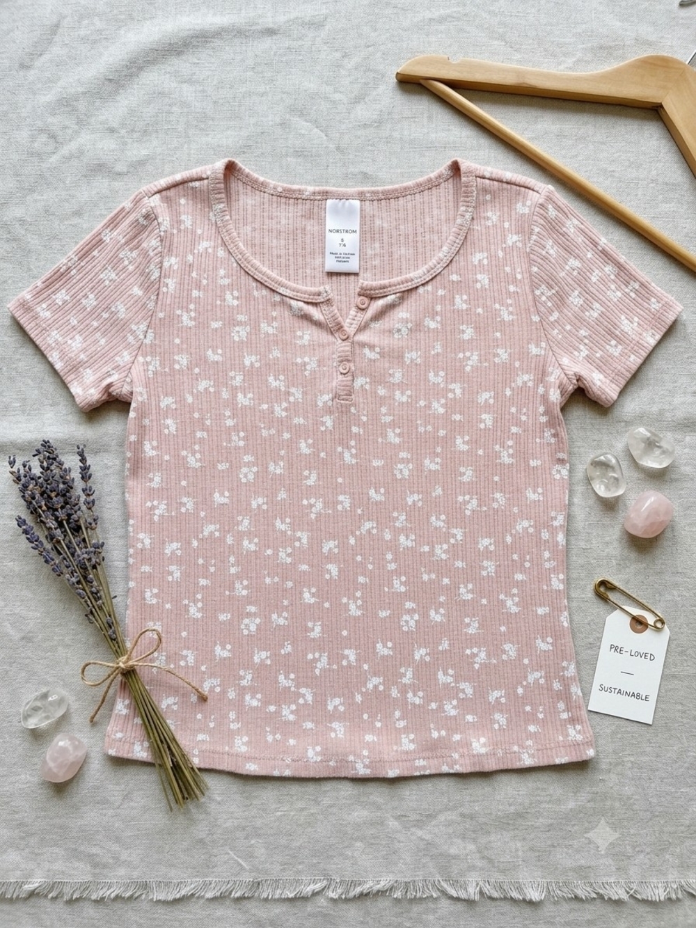 Nordstrom Pink Ribbed Henley Tee with White Floral Print - Picture 2 of 5